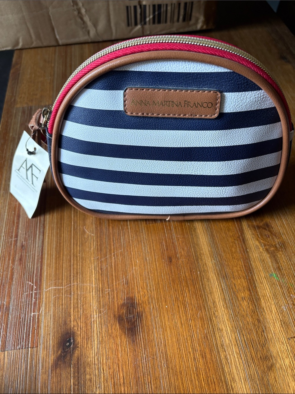 Navy & White Striped Cosmetic Bag with Pink Trim
